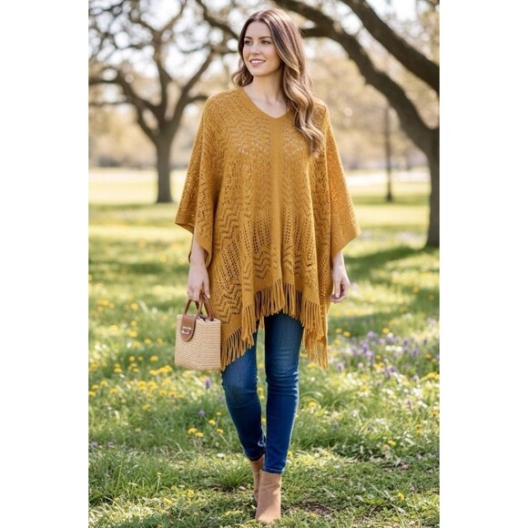 Women's Boho Open Knit Fringe Poncho Mustard Yellow Shawl Wrap Fall Layering OS - Picture 2 of 7